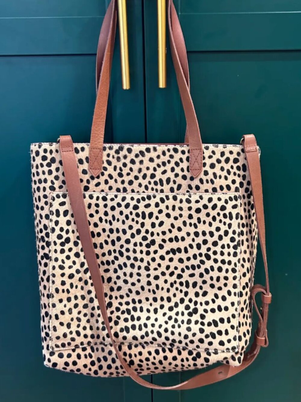 MADEWELL THE MEDIUM TRANSPORT TOTE CALF HAIR LEOPARD PRINT LEATHER SAND DUNE